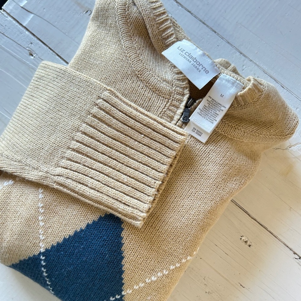 Liz Claiborne Womens Medium Tan Argyle Knit 1/4 Zip Hoodie Sweater‎